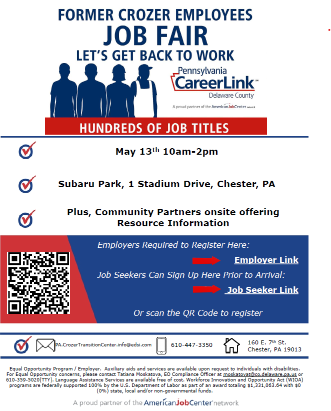 Job seekers hit by the Crozer-Keystone closure, don’t miss the PA CareerLink® Delaware County Employment &amp; Resource Fair! Connect with 190+ employers on May 13 at Subaru Park. Free registration for all: shorturl.at/PnDP5 🌟 #JobFair #CareerOpportunities #DelCoJobs