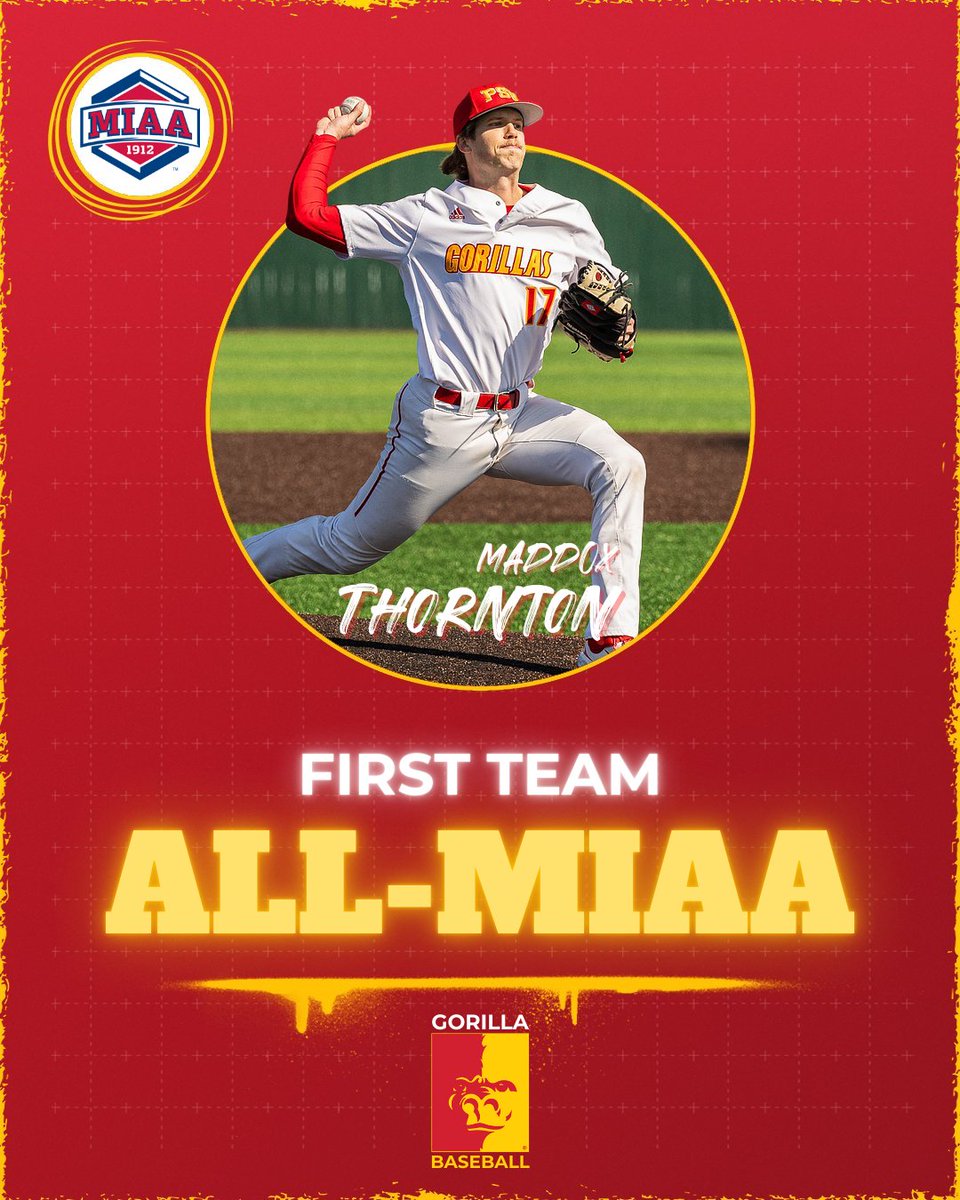 🚨1ST TEAM ALL-MIAA🚨

Pitcher Maddox Thornton earns 1st team All-MIAA honors for Pitt State Baseball 🦍⚾