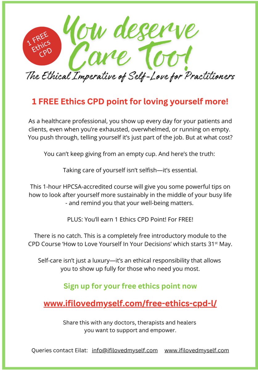 CPDPsychList's tweet image. You deserve care too! 💚 Earn 1 FREE Ethics CPD point with our HPCSA-accredited self-care module—because taking care of YOU isn’t selfish, it’s essential. Sign up now 👉 ifilovedmyself.com/free-ethics-cp…
#SelfCare #EthicsCPD #HealthcareHeroes