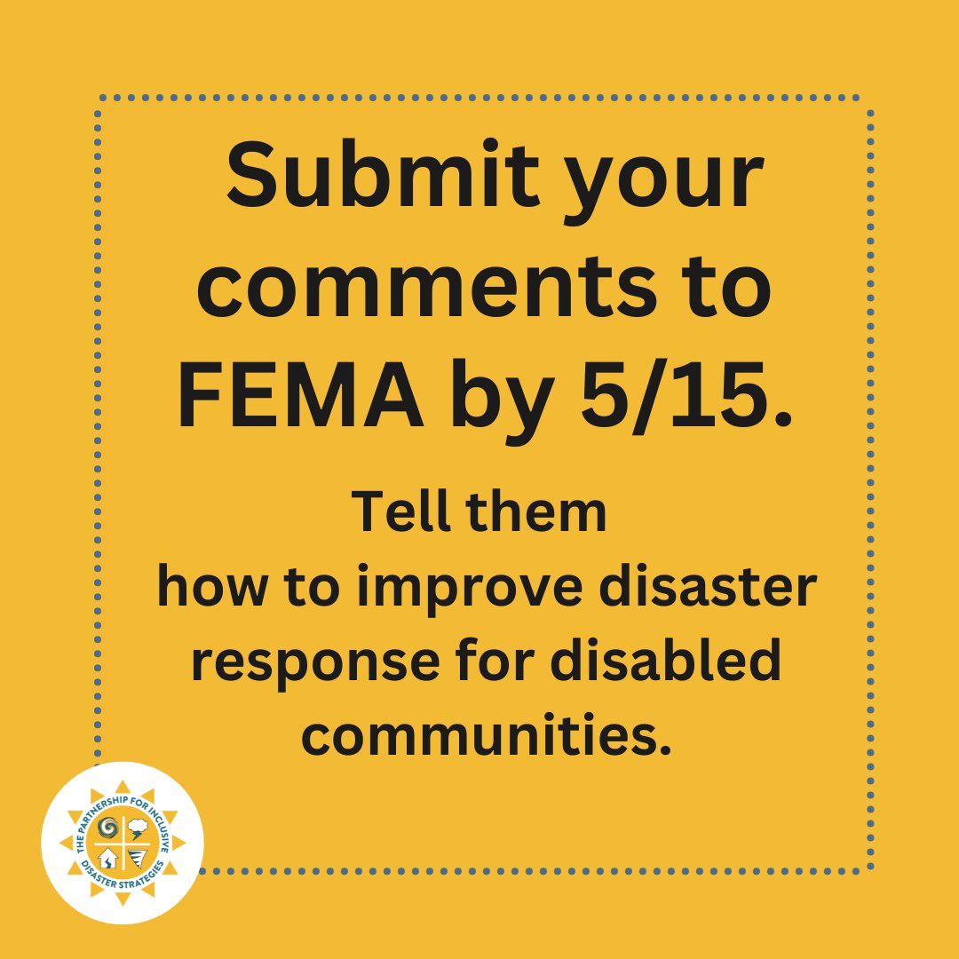 FEMA is seeking public input - let’s ensure disabled people are centered in disaster planning!

📝 Use these talking points to submit your comment: disasterstrategies.org/fema-rfi-talki…