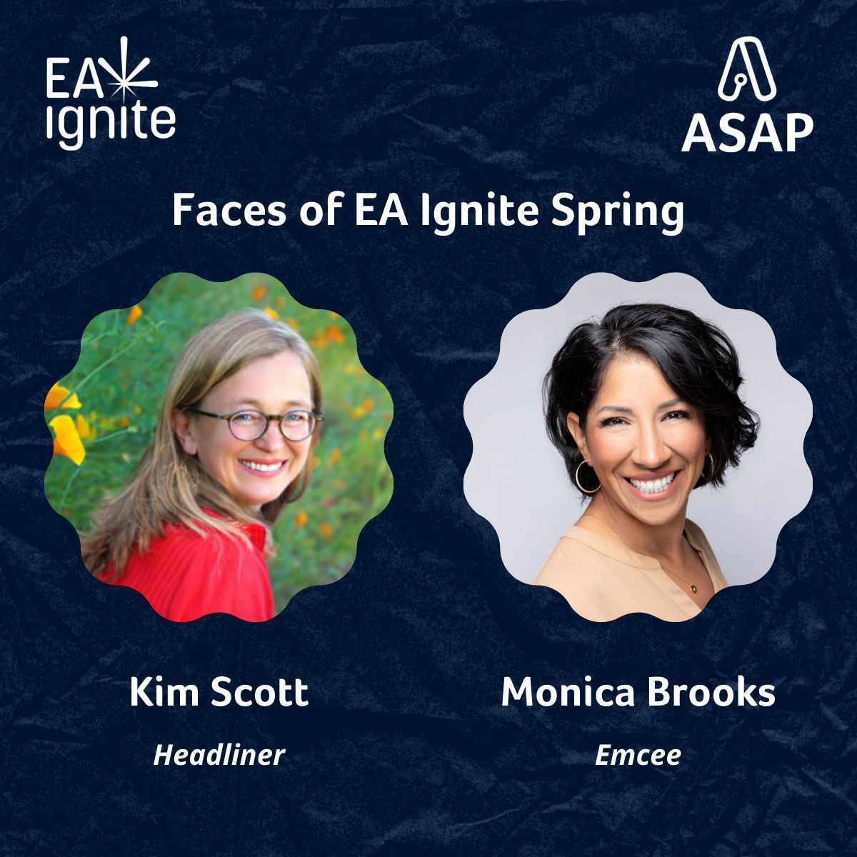 Attending @EA_Ignite alone and looking for a friendly face? Say hello to headliner Kim Scott <a href="/kimballscott/">Kim Scott</a> or emcee Monica Brooks if you see them around this week 🤗 #EAIgnite