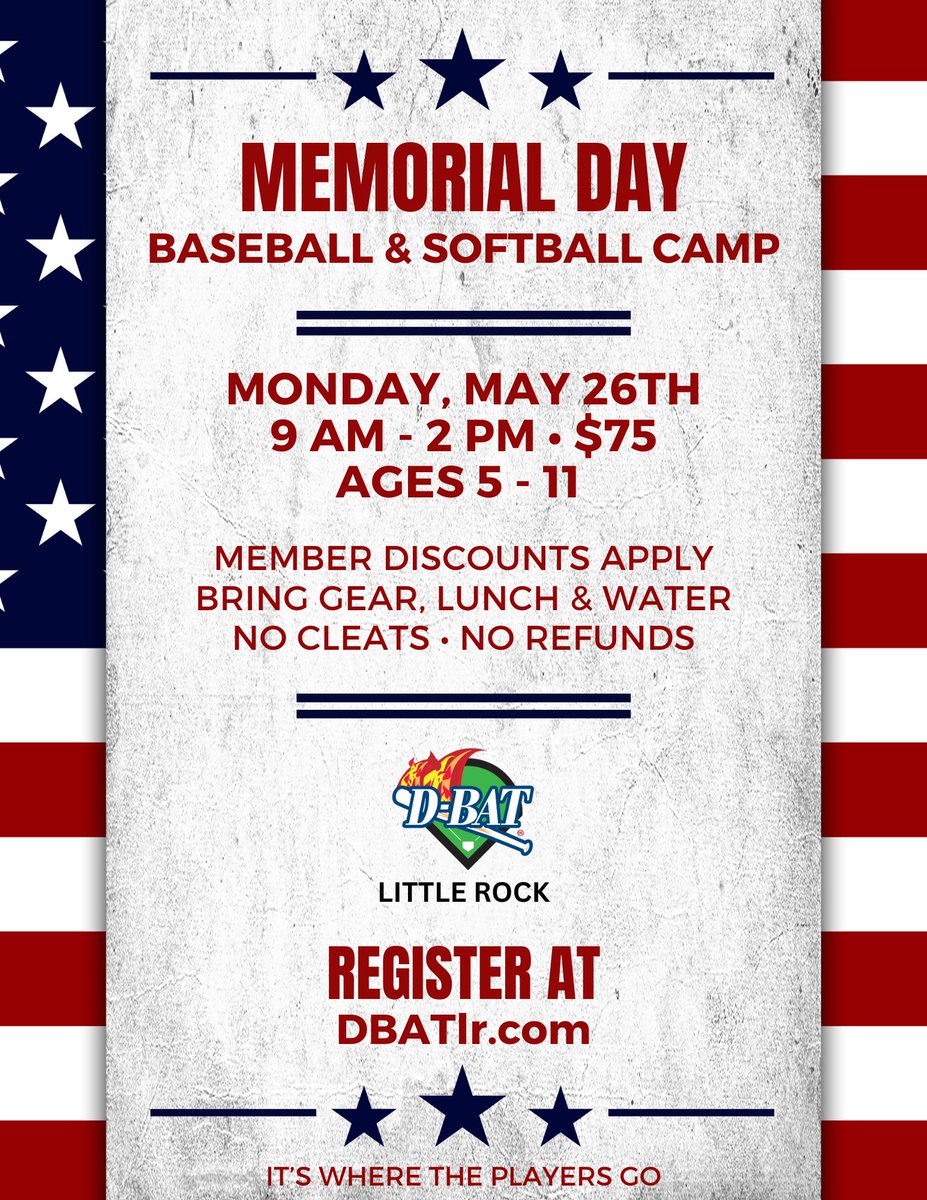 This Memorial Day, boost your skills at our All-Aspects Baseball &amp; Softball Camp! Improve hitting, fielding, pitching, or base running with expert instructors. Members save up to 30%. Register now at DBATlr.com #ItsWhereThePlayersGo