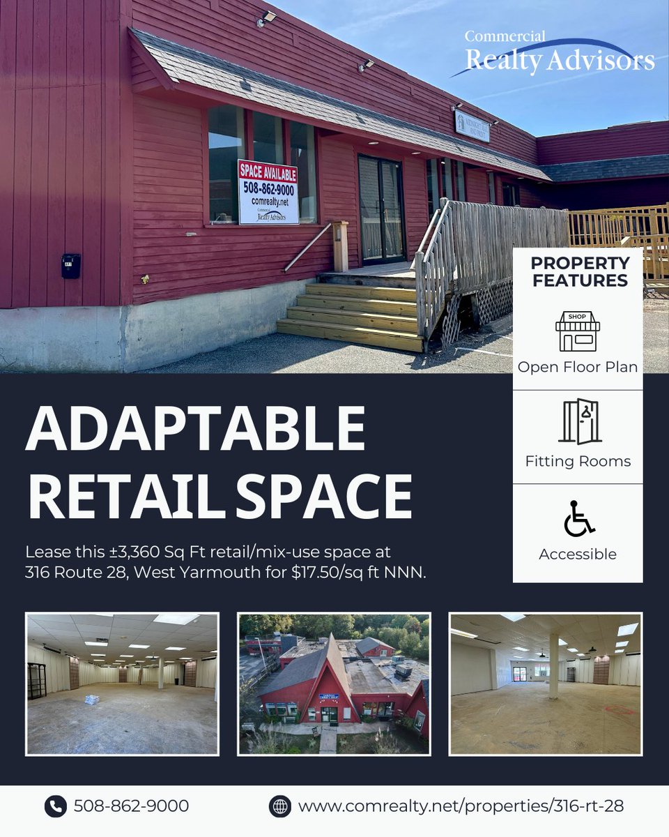 ComRealtyNet's tweet image. Lease this ±3,360 sq ft retail/mix-use space at 316 Route 28, West Yarmouth for $17.50/sq ft NNN.

Your dream space awaits! Contact us at 508-862-9000 to learn more.

#CapeCodBusiness #RetailSpaceForLease #WestYarmouth #CommercialRealtyAdvisors 🌐