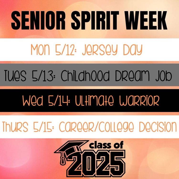 Caps, gowns, and good vibes ahead! 🎓✨🧡

The Class of 2025 Spirit Days and Senior Celebration are quickly approaching — and Seniors, you won’t want to miss the fun. It’s your time to shine! ⭐ #GetInvolved