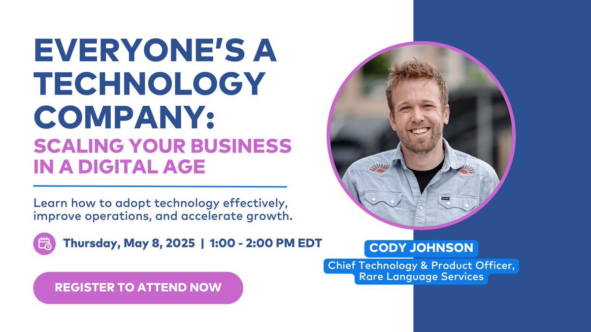 ALC (@alc_us) on Twitter photo Join our webinar this Thursday, May 8, at 1:00 PM EDT to learn how to adopt technology effectively, enhance core operations, and accelerate your growth.
Hosted by Cody Johnson, Chief Technology & Product Officer at <a href="/rare_language/">Rare Language Services</a>. Register now: alcus.org/events/EventDe… Join our webinar this Thursday, May 8, at 1:00 PM EDT to learn how to adopt technology effectively, enhance core operations, and accelerate your growth.
Hosted by Cody Johnson, Chief Technology & Product Officer at <a href="/rare_language/">Rare Language Services</a>. Register now: alcus.org/events/EventDe…