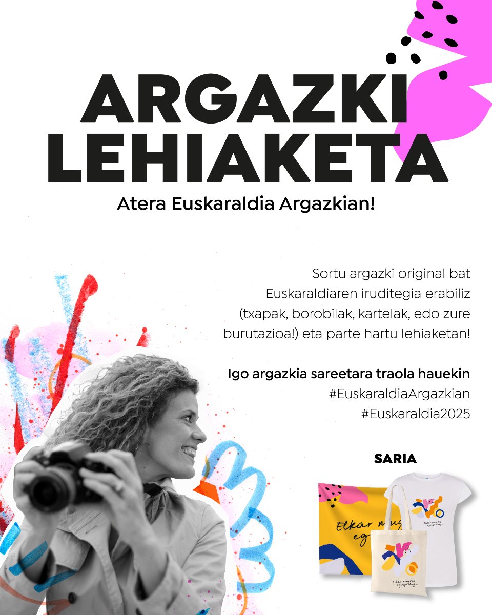 📸 Atera Euskaraldia Argazkian!

Zure sormena martxan jartzeko unea da! Euskaraldiaren iruditegiarekin (txapak, ahobizi/belarriprest borobilak, banderatxoak...) argazki bat sortu eta partekatu Instagram, Facebook edo X sareetan!

Argazkia taldeka edo banaka sortu daiteke. 

📲