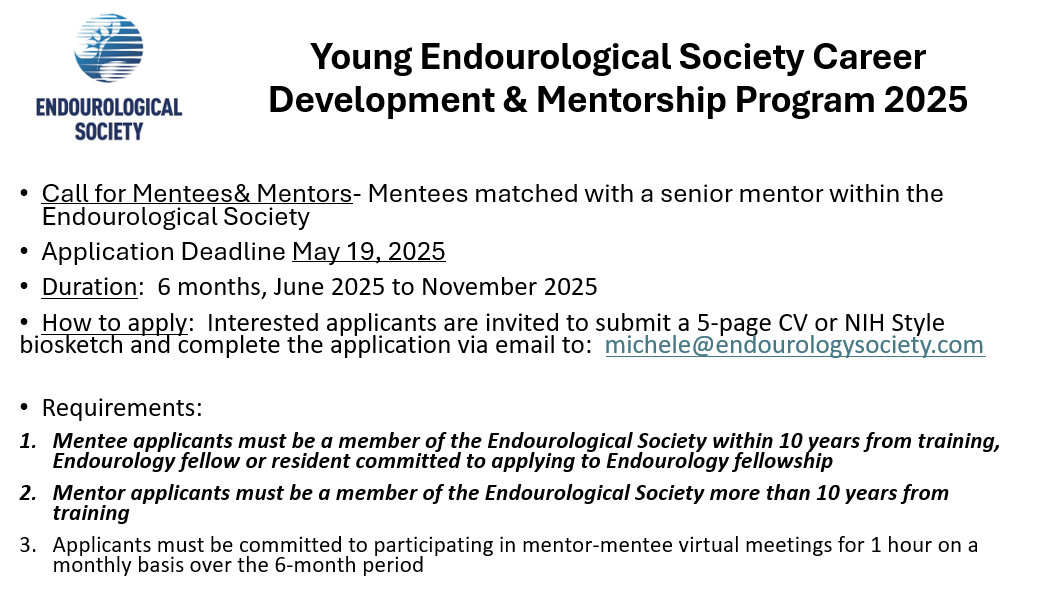 Endourological Society (@endo_society) on Twitter photo Seeking mentors and mentees! <a href="/young_endosoc/">Young Endo Society</a> Committee is pleased to launch the Career Development and Mentorship Program to encourage professional growth and collaboration between early-career mentees and mid- to late-career mentors.
Apply by May 19!
endourology.org/education/youn… Seeking mentors and mentees! <a href="/young_endosoc/">Young Endo Society</a> Committee is pleased to launch the Career Development and Mentorship Program to encourage professional growth and collaboration between early-career mentees and mid- to late-career mentors.
Apply by May 19!
endourology.org/education/youn…