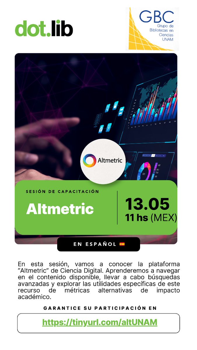 Les invitamos a participar en la capacitación de <a href="/altmetric/">Altmetric</a> donde aprenderán a navegar, hacer búsquedas avanzadas y explorar las métricas alternativas.

Para tener acceso al recurso debes ser parte de la #ComunidadUNAM y tener tu #AccesoRemoto.

👉🏼 tinyurl.com/altUNAM