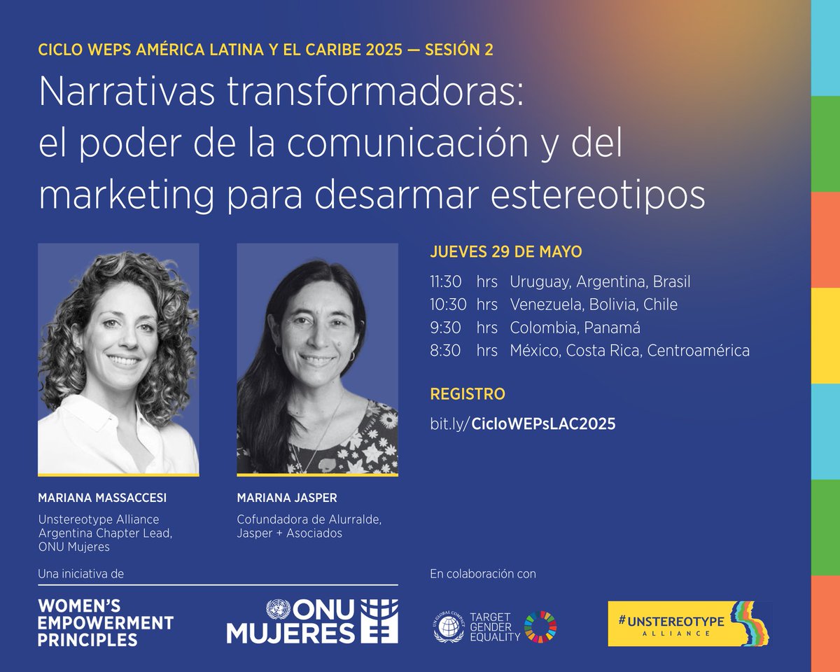 💡 ¿Es posible transformar estereotipos desde la comunicación y el marketing? Descúbrelo en la Sesión 2 del #CicloWEPs.

🎯 Narrativas transformadoras: el poder de la comunicación y del marketing para cuestionar estereotipos.

📆 29 MAY
🖥️ Regístrate: bit.ly/CicloWEPsLAC20…