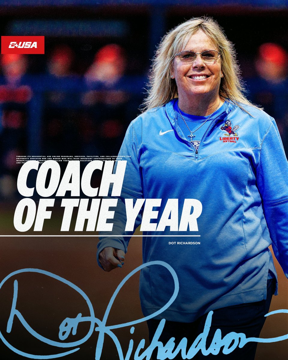 Liberty Softball (@libertysb) on Twitter photo Congrats to Coach Richardson, the 2025 <a href="/ConferenceUSA/">Conference USA</a> Softball Coach of the Year! That's 5 conference Coach of the Year honors for <a href="/CoachDot_LU/">Dot Richardson</a> Congrats to Coach Richardson, the 2025 <a href="/ConferenceUSA/">Conference USA</a> Softball Coach of the Year! That's 5 conference Coach of the Year honors for <a href="/CoachDot_LU/">Dot Richardson</a>