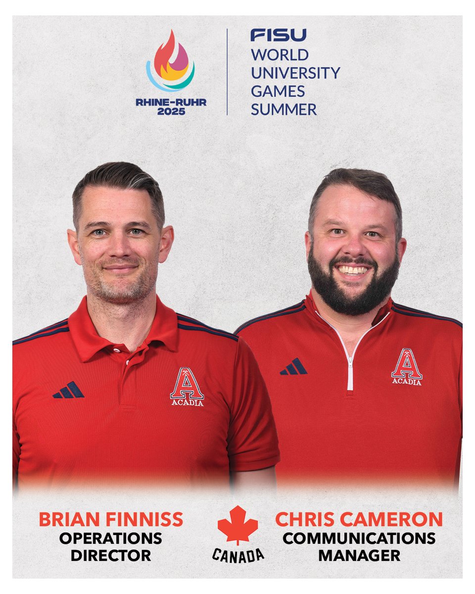 Two members of our athletic department have been named to Team Canada's mission staff for the Rhine-Ruhr 2025 FISU Summer World University Games!

Brian Finniss – Operations Director
Christopher Cameron – Communications Manager

acadiaathletics.ca/general/2024-2…