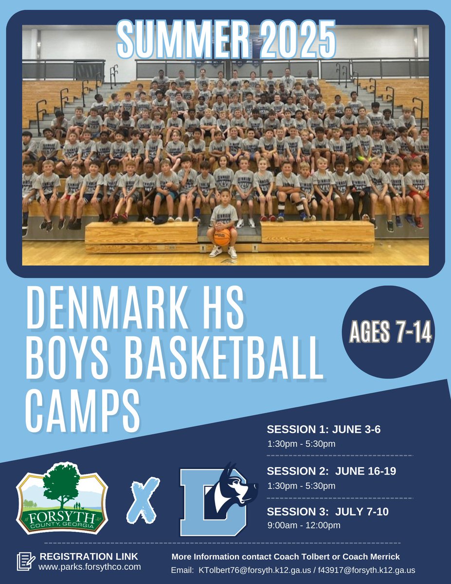 Piney Grove Middle (@pgmsgrizzlies) on Twitter photo Hoops fans! 🏀 Denmark HS Boys Basketball Camps (ages 7-14) are ON this summer! 3 sessions in June & July. Register here: parks.forsythco.com. Questions? Email KTolbert76@forsyth.k12.ga.us or f43917@forsyth.k12.ga.us Hoops fans! 🏀 Denmark HS Boys Basketball Camps (ages 7-14) are ON this summer! 3 sessions in June & July. Register here: parks.forsythco.com. Questions? Email KTolbert76@forsyth.k12.ga.us or f43917@forsyth.k12.ga.us