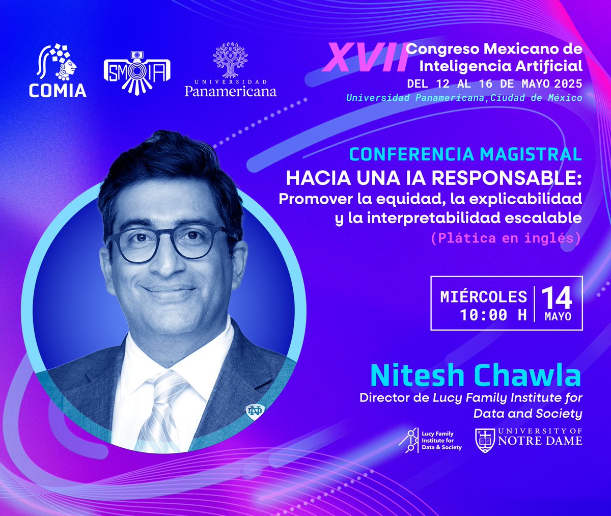 Congreso Mexicano de Inteligencia Artificial

Conferencia magistral "Hacia una IA Responsable: Promover la Equidad, la Explicabilidad y la Interpretabilidad Escalable" Ponente: <a href="/nvchawla/">Nitesh Chawla</a> de <a href="/lucy_institute/">Lucy Family Institute for Data & Society</a>

🗓️ 14 de mayo
⏰ 10:00 h
📝 Registro: smia.mx/comia/2025/#re…

#PasaLaVoz