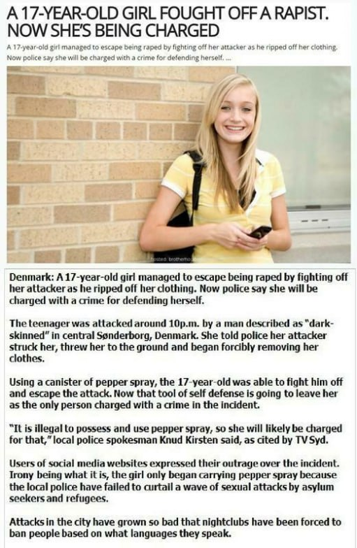 In central Sønderborg, the 17-year-old girl was attacked by a man described as a "dark-skinned" individual. The attacker knocked her to the ground and attempted to undress her, prompting her to use pepper spray (illegal unless explicit permission for use outside the home) to fend