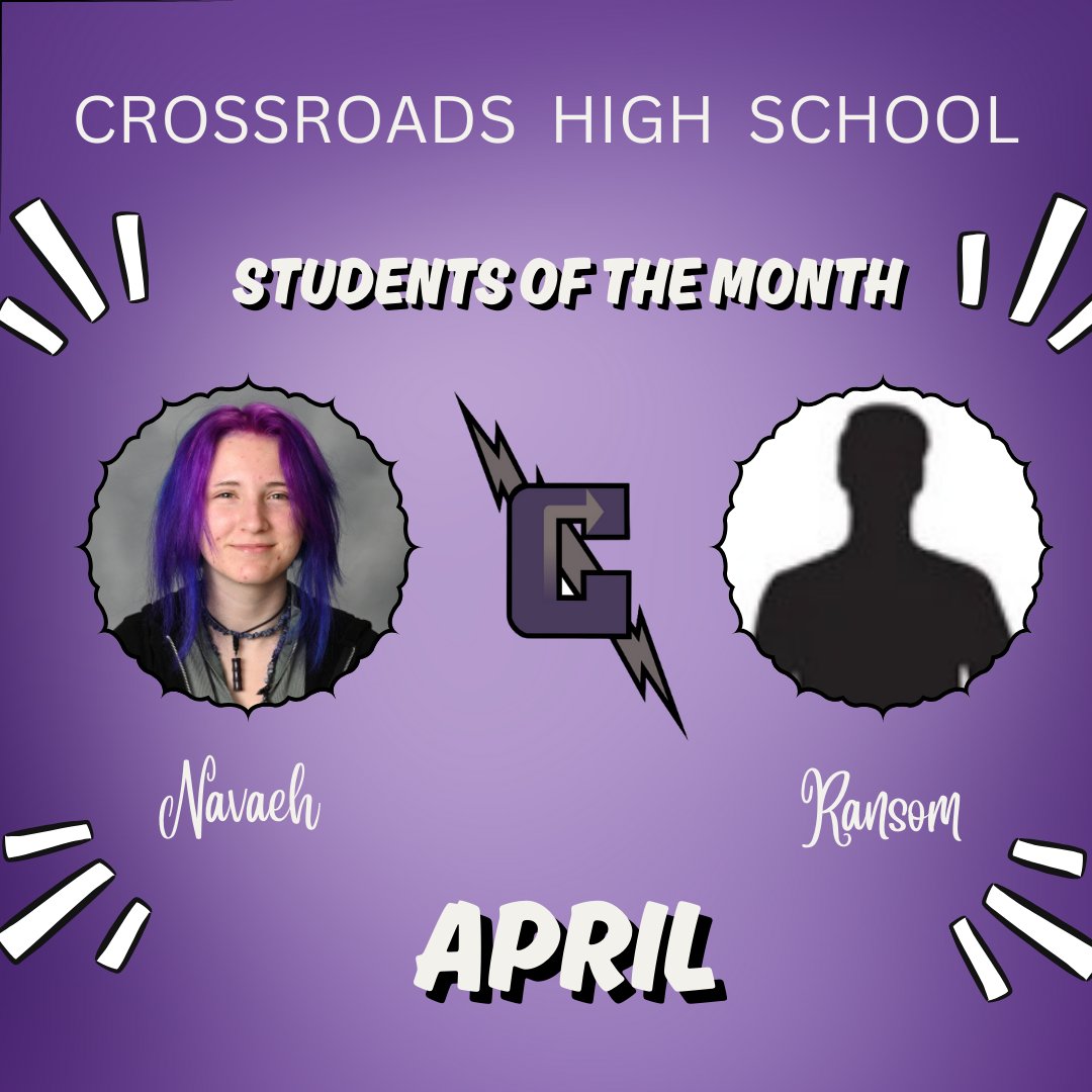 Shout Out to our #StudentsOfTheMonth for APRIL - Nevaeh &amp; Ransom! 👏Your hard work and desire to do well has earned you Crossroads High School's Student of the Month! ⚡️ Congratulations!

#CrHS_RTDC <a href="/BurlesonISD/">BurlesonISD</a> <a href="/CrHSBISD/">Crossroads Chargers</a>