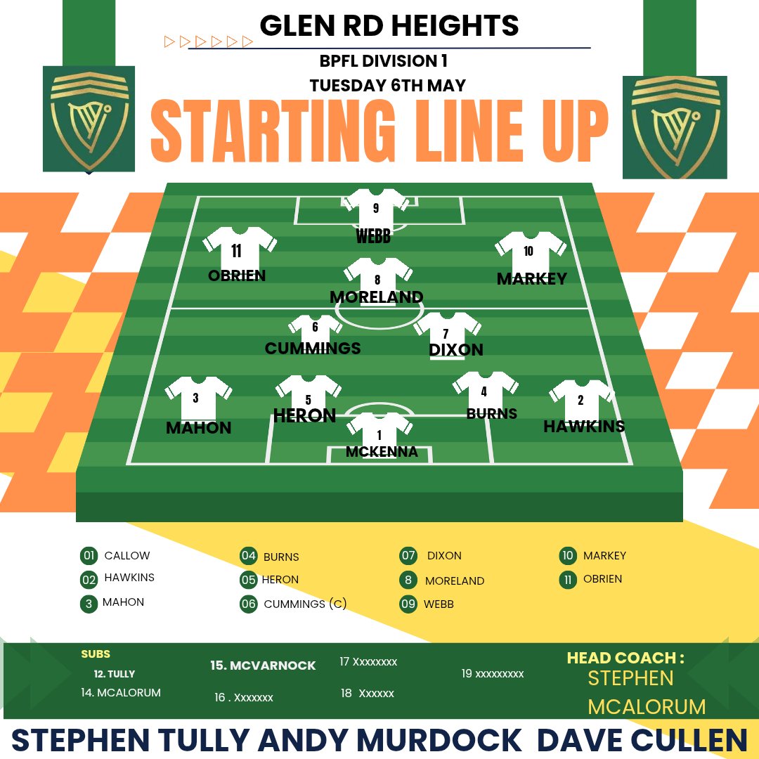 Line up for tonight's 1st team match <a href="/BelfastBurgerHQ/">BELFAST BURGER</a> <a href="/kolormaster/">KolorMaster</a> <a href="/nancysbelfast/">Nancy Mulligans Bar & Kitchen Belfast</a> <a href="/kellyscellars/">Kelly's Cellars</a> <a href="/PaulMaskeyMP/">Paul Maskey</a> <a href="/ATownNews/">Andersonstown News</a> <a href="/BelfastLive/">Belfast Live</a> <a href="/irishnewssport/">Irish News Sport</a> @IrishPremLive #clonardpremier #oconnorsbakery <a href="/TICoaches/">Travel Ireland Coaches</a> <a href="/FailteFeirste/">Fáilte Feirste Thiar</a> <a href="/cllrardercarson/">Arder C</a> <a href="/HomefitLTD/">Homefit - Belfast</a>