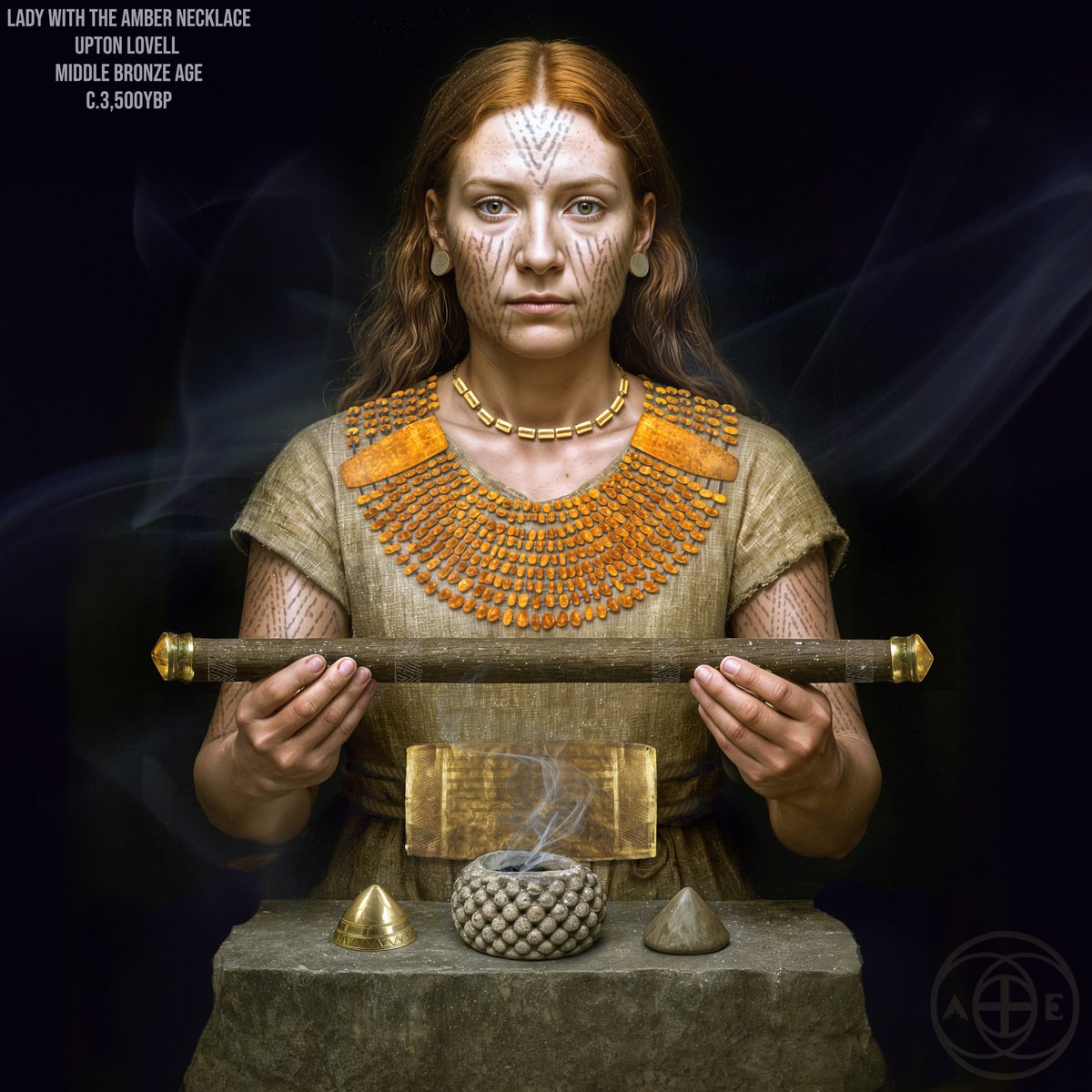 Lady with the Amber Necklace
Upton Lovell 
Middle Bronze Age
c.3,500ybp

The "Lady with the Amber Necklace" refers to a Bronze Age burial found near the River Wylye at Upton Lovell, Wiltshire, about 8 miles west of Stonehenge, dating to around 1800 BC. The following is a list of