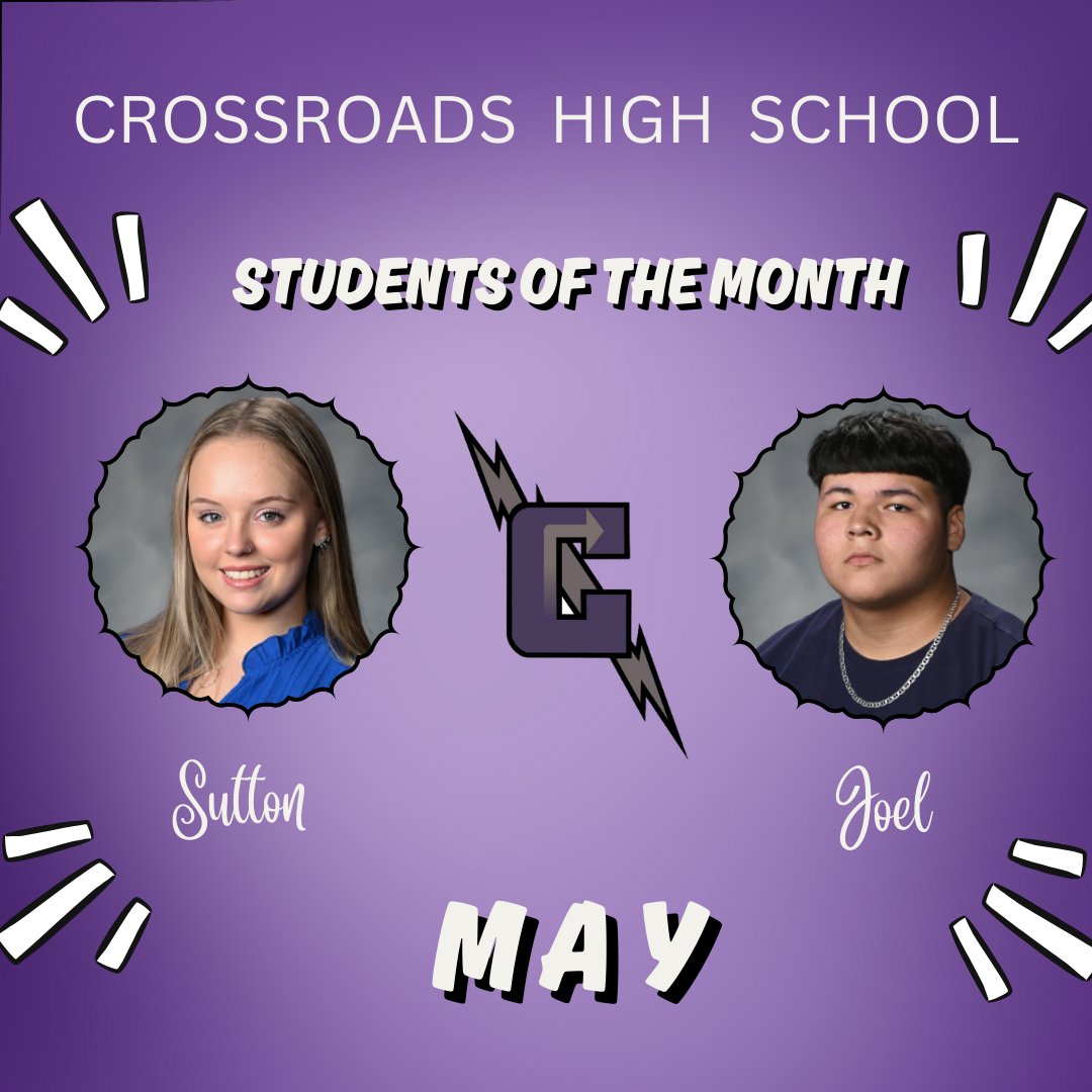 Shout Out to our #StudentsOfTheMonth for MAY - Sutton &amp; Joel! 📷Your hard work has earned you Crossroads High School's Student of the Month! 📷 Congratulations!
#CrHS_RTDC <a href="/BurlesonISD/">BurlesonISD</a> <a href="/CrHSBISD/">Crossroads Chargers</a>