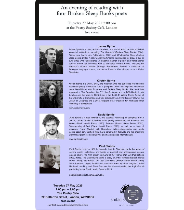 Blandine Longre (@blandinelongre) on Twitter photo I’ll be in London on May 27 for this poetry reading with <a href="/brokensleep/">Broken Sleep Books</a> poets Paul Stubbs, James Byrne, David Spittle and Kirsten Norrie, at the Poetry Society Café
Free event
Tuesday 27 May 2025
7:00 pm – 9:00 pm
All friends welcome!
poetrysociety.org.uk/event/an-eveni… I’ll be in London on May 27 for this poetry reading with <a href="/brokensleep/">Broken Sleep Books</a> poets Paul Stubbs, James Byrne, David Spittle and Kirsten Norrie, at the Poetry Society Café
Free event
Tuesday 27 May 2025
7:00 pm – 9:00 pm
All friends welcome!
poetrysociety.org.uk/event/an-eveni…