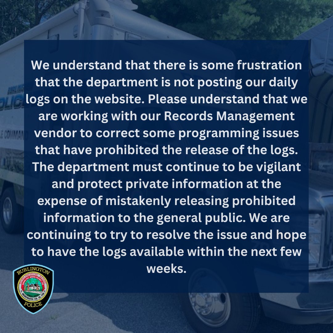 burlingtonpd's tweet photo. Update on the posting of our Department #policelogs to the website.
#burlingtonma https://t.co/SjQS253Pgq