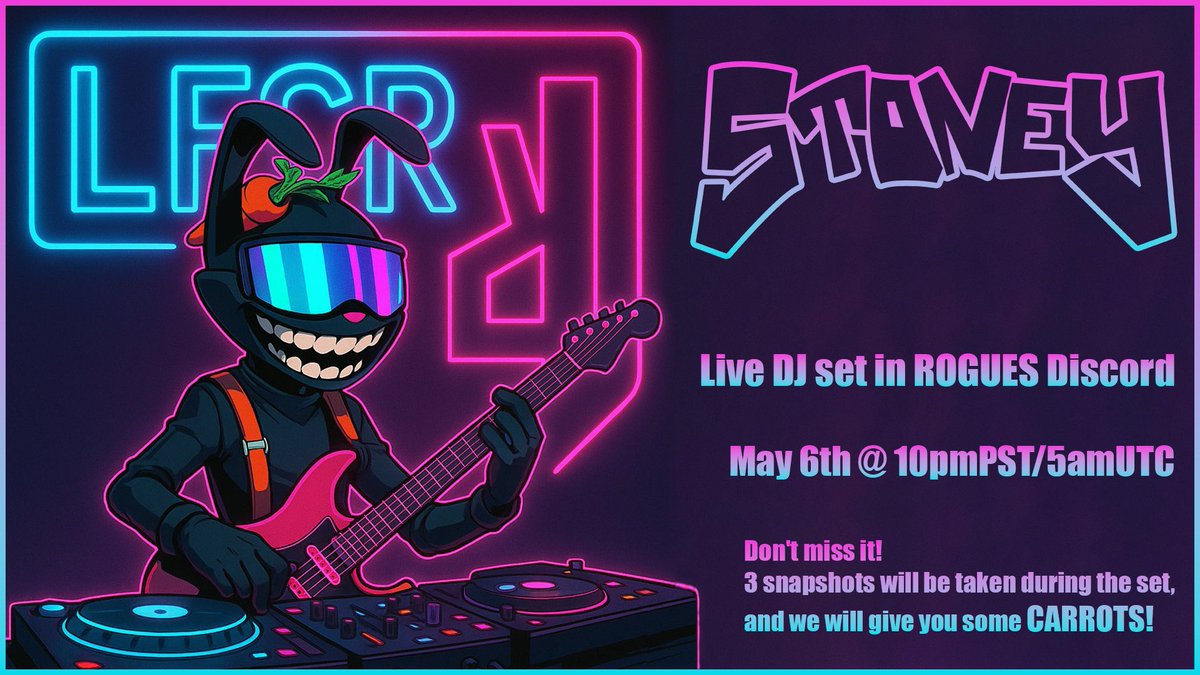 Where my <a href="/RoguesNFT/">Rogues</a> fam at! Join me tonight in Discord for a LIVE DJ show. Starts at 10pm PST/ 5am UTC. You will get some CARROTS for hanging out and listening to music.