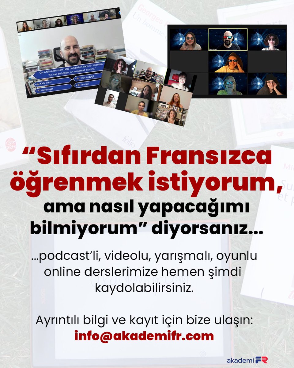 19 Mayıs'ta yeni döneme başlıyoruz!

Fransızcaya "Bonjour"dan başlayıp 8-10 ay sonrasında Albert Camus'den pasajlar okuyup tartıştığımız seviyeye ulaşmak isterseniz podcastli, yarışmalı, konuşmalı, kısacası tamamen pratiğe dayalı online derslerimize bekliyoruz.

Bilgi ve kayıt