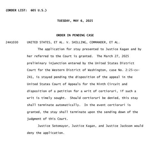 BREAKING: The Supreme Court allows Trump's ban on transgender military members to take effect for now, pending final resolution at the 9th Circuit and a possible appeal to the high court thereafter.

Three liberal justices dissent: