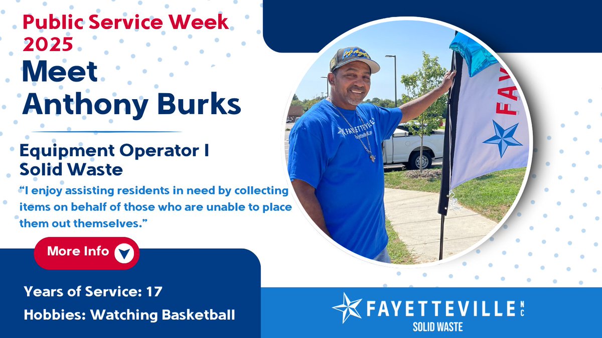Meet Anthony "Tony" Burks, an Equipment Operator I on our Solid Waste team. Tony has been with the city for 17 years, helping keep Fayetteville Beautiful!
Thank you for your service to our community, Tony!
#fayettevillenc #publicserviceweek