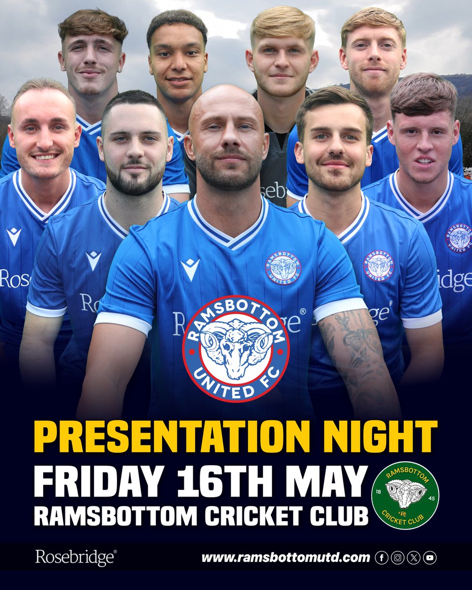 Ramsbottom United (@ramsbottomutd) on Twitter photo π£π₯ππ¦ππ‘π§ππ§ππ’π‘ π‘ππππ§
Players, management, club officials and supporters will join together for the end-of-season presentations at Ramsbottom Cricket Club on Friday 16th May.
Beginning at 7.30pm, there will be hot food, a raffle, a disco until late, and the awards π£π₯ππ¦ππ‘π§ππ§ππ’π‘ π‘ππππ§
Players, management, club officials and supporters will join together for the end-of-season presentations at Ramsbottom Cricket Club on Friday 16th May.
Beginning at 7.30pm, there will be hot food, a raffle, a disco until late, and the awards