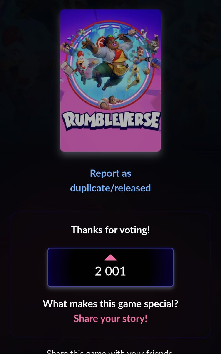 RumbleverseWar's tweet image. WE REACHED 2000 VOTES! 
We're on our way to getting above 3000 soon! Thank you everyone for helping and keeping up the amazing work! We will prove that Rumbleverse deserves a second chance! Link below to help vote Rumbleverse to return!
gog.com/dreamlist/game…