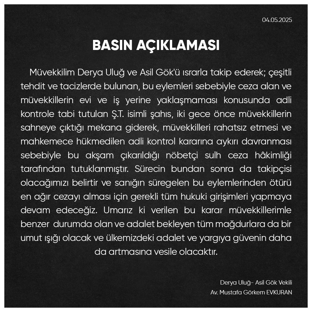 Bugün bizim için adalet yerini buldu. Sanığın tutuklanmasına karar verildi.
Bu karar bizim için güven duygusu yaratırken, bu adaletin; sesini duyuramayan, korunamayan, hayattan koparılan tüm kadınlara da ulaşmasını istiyorum.
Bu ülkede hiçbir kadın “korunma talebiyle” başlayıp