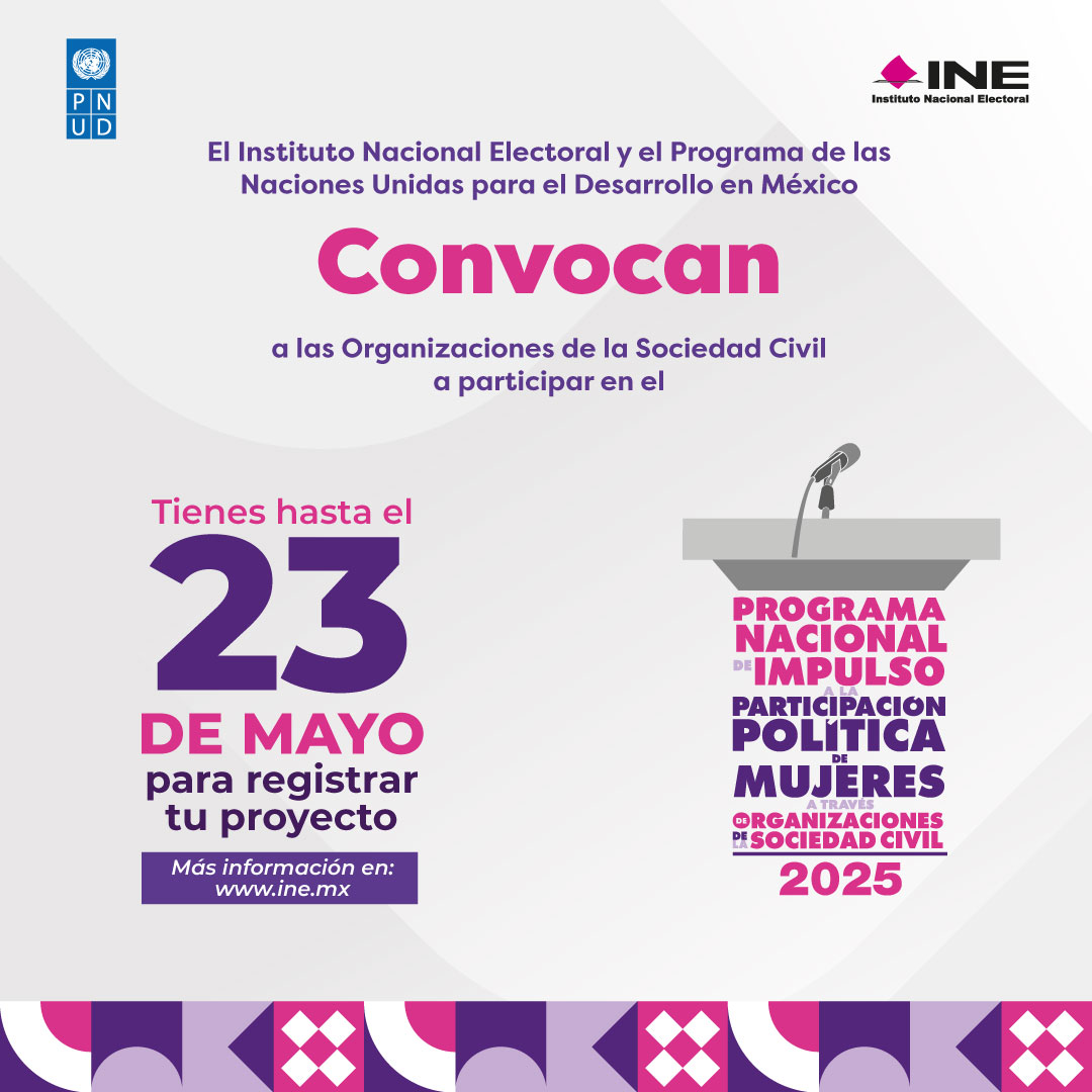 La convocatoria para participar en el Programa Nacional de Impulso a la Participación Política de Mujeres #PNIPPM2025, dirigida a las Organizaciones de la Sociedad Civil #OSC, está abierta hasta el 23 de mayo. ¡Participa!
Consulta los detalles:  ine.mx/programa-nacio…