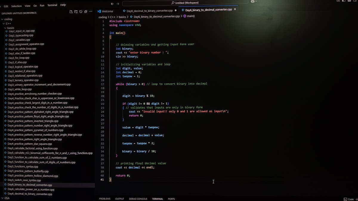 Priyanshu_1244's tweet image. Day 6 – C++ with Binary Systems ⚙️
🔢 Learned binary number system, 1’s & 2’s complement, and how -ve numbers are stored in memory.
🧠 Mostly pen & paper today, but wrote 2 converter programs!
Github : github.com/Priyanshu1244/…
#100DaysOfCode #Cpp #ComputerScienceBasics