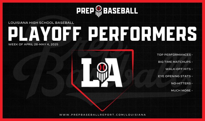 Prep Baseball Louisiana (@prepbaseballla) on Twitter photo ⭐️ Pʟᴀʏᴏꜰꜰ Pᴇʀꜰᴏʀᴍᴇʀs
Today, we take a look at some of the top performers from the quarterfinal round of the <a href="/LHSAAsports/">LHSAA</a> playoffs.
Check out the full list and more below ⤵️
#BeSeen
<a href="/AlexArmandPBR/">Alex Armand</a> | <a href="/Tyler__Leary/">Tyler Leary</a> | <a href="/davisj_9/">Davis Johnson</a>
🖇️ loom.ly/68fKgRo ⭐️ Pʟᴀʏᴏꜰꜰ Pᴇʀꜰᴏʀᴍᴇʀs
Today, we take a look at some of the top performers from the quarterfinal round of the <a href="/LHSAAsports/">LHSAA</a> playoffs.
Check out the full list and more below ⤵️
#BeSeen
<a href="/AlexArmandPBR/">Alex Armand</a> | <a href="/Tyler__Leary/">Tyler Leary</a> | <a href="/davisj_9/">Davis Johnson</a>
🖇️ loom.ly/68fKgRo