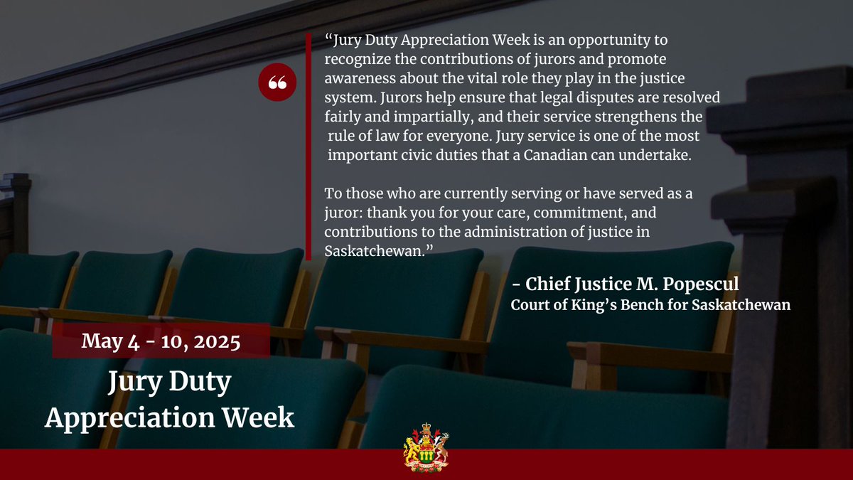 This week marks Canadian Jury Duty Appreciation Week.
Chief Justice Popescul extends his appreciation to all involved in the jury process for the valuable role they play in the administration of justice.

For more information on Jury Duty in Saskatchewan: sasklawcourts.ca/kings-bench/ju…