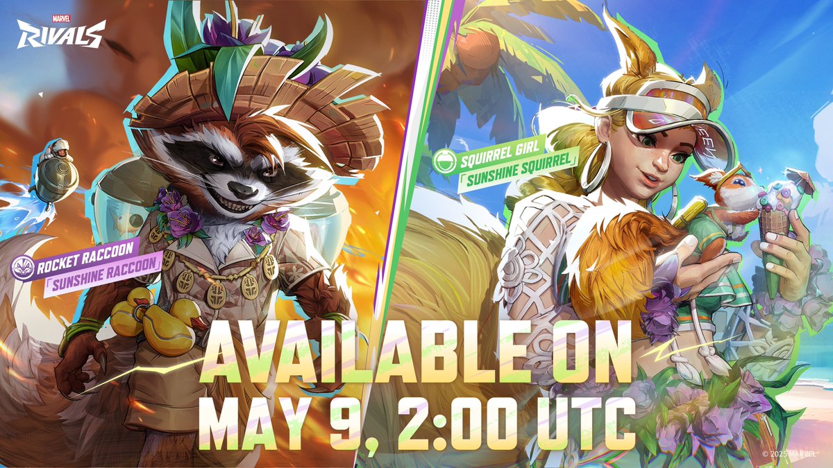 ⛱️ O VERÃO CHEGOU! (não no Brasil)

Os trajes Guaxinim Sunshine para Rocky Racum e Esquilo Sunshine para Garota Esquilo chegam na loja do #MarvelRivals na quinta-feira, às 23h BRT! 🦝🐿️