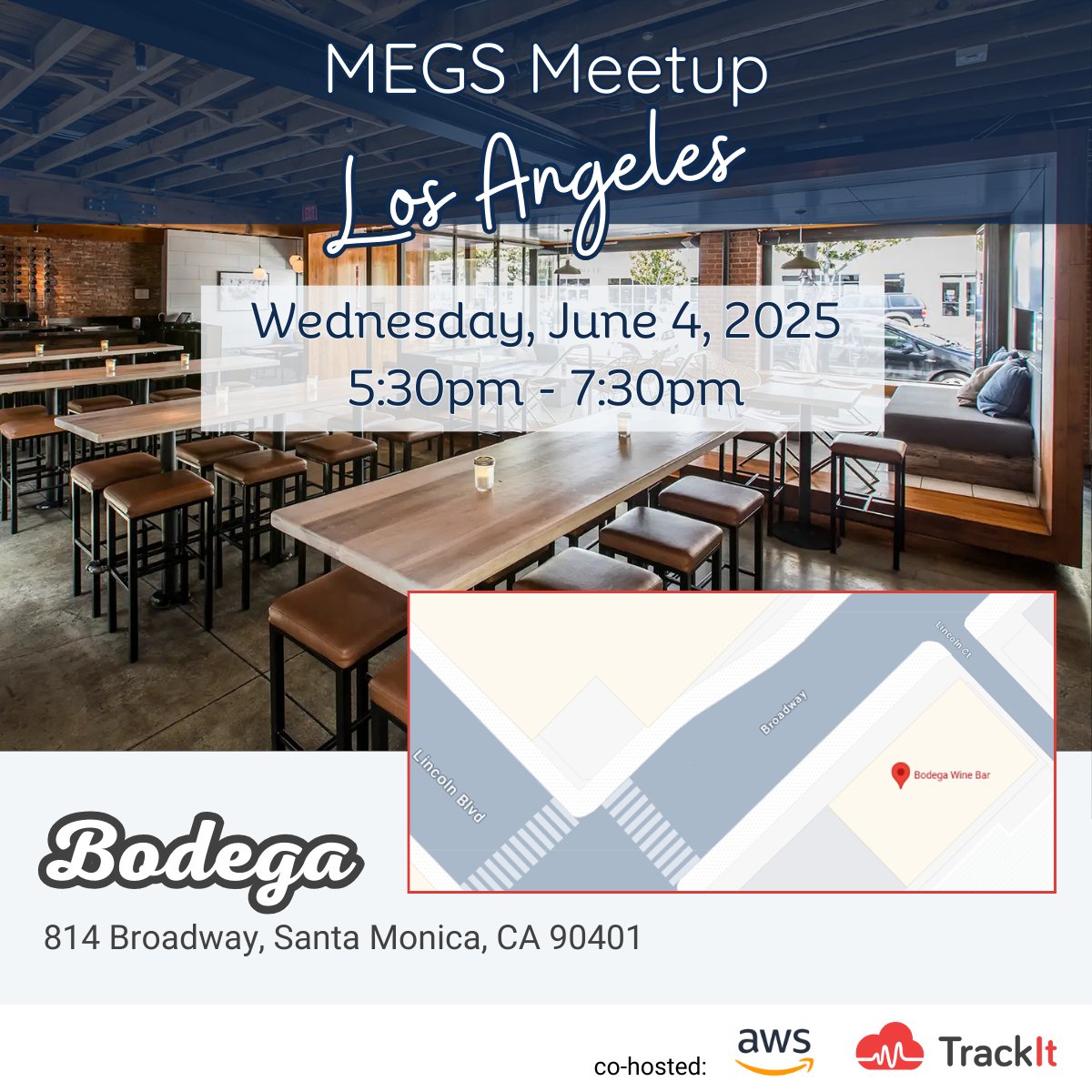 MEGS Meetup hosted by TrackIt and Amazon Web Services (AWS) at Bodega. Wednesday, June 04, 2025, from 5:30pm - 7:30pm. It’s the perfect opportunity to meet fellow industry professionals.

RSVP Here - linkedin.com/events/7320675…

#mediaandentertainment #losangeles #event #aws #cloud