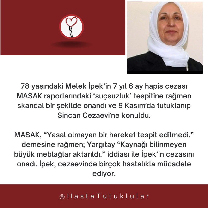 Hacı Melek İpek hala cezaevinde!!!

İlerlemiş yaşı, çeşitli hastalıkları olmasına rağmen, düşman hukuku yüzünden 9 kasımdan beri cezaevinde!!!

HastalarTutuklu Kalmasın
<a href="/OrionEmpress/">Lale Demirkazan 🌱🖖</a>
#denizgezmis