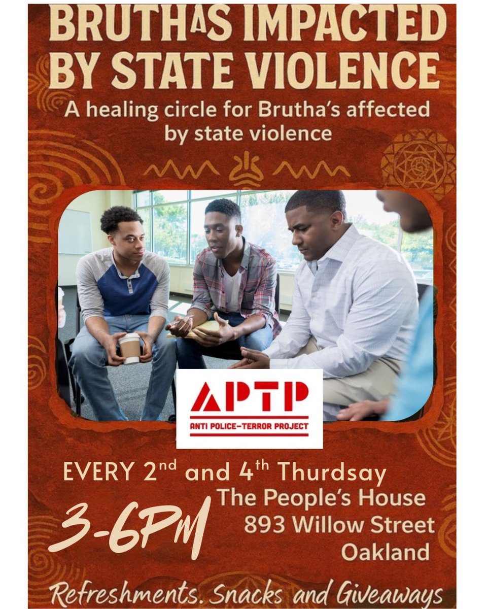 APTPaction's tweet image. Happening Thursday: Brutha's Impacted Healing Circle

🕒 3–6PM
📍 The People’s House, 893 Willow St, Oakland

A healing space for Black men impacted by state violence—focused on re-entry, substance use, harm reduction &amp;amp; more.

#BruthasImpacted #HealingJustice #APTP