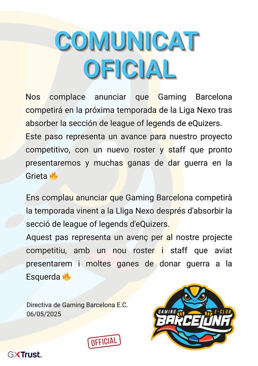 Gaming Barcelona eSports Club (@gamingbarxelona) on Twitter photo 📢📢 COMUNICAT OFICIAL 📢📢
GAMING BARCELONA DEBUTA ESTE SPLIT EN LIGA NEXO DE <a href="/SomosLaTormenta/">Circuito Tormenta</a> ! 🔥🔥🔥
¡Estamos preparados para esta nueva etapa y la afrontamos con muchas ganas! 💪💪
GAMING BARCELONA DEBUTA AQUEST SPLIT A LLIGA NEXE DE <a href="/SomosLaTormenta/">Circuito Tormenta</a> ! 🔥🔥🔥
Estem 📢📢 COMUNICAT OFICIAL 📢📢
GAMING BARCELONA DEBUTA ESTE SPLIT EN LIGA NEXO DE <a href="/SomosLaTormenta/">Circuito Tormenta</a> ! 🔥🔥🔥
¡Estamos preparados para esta nueva etapa y la afrontamos con muchas ganas! 💪💪
GAMING BARCELONA DEBUTA AQUEST SPLIT A LLIGA NEXE DE <a href="/SomosLaTormenta/">Circuito Tormenta</a> ! 🔥🔥🔥
Estem