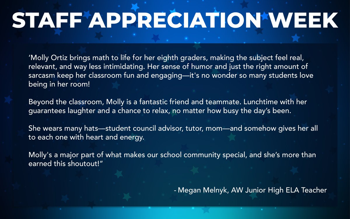 Say thank you to someone who makes your day a little brighter during Staff Appreciation Week! 

Thank you to both Mrs. Ortiz and Mrs. Melnyk for all you do for our students at @awlsjh!

anthonywayneschools.org/protected/Arti…