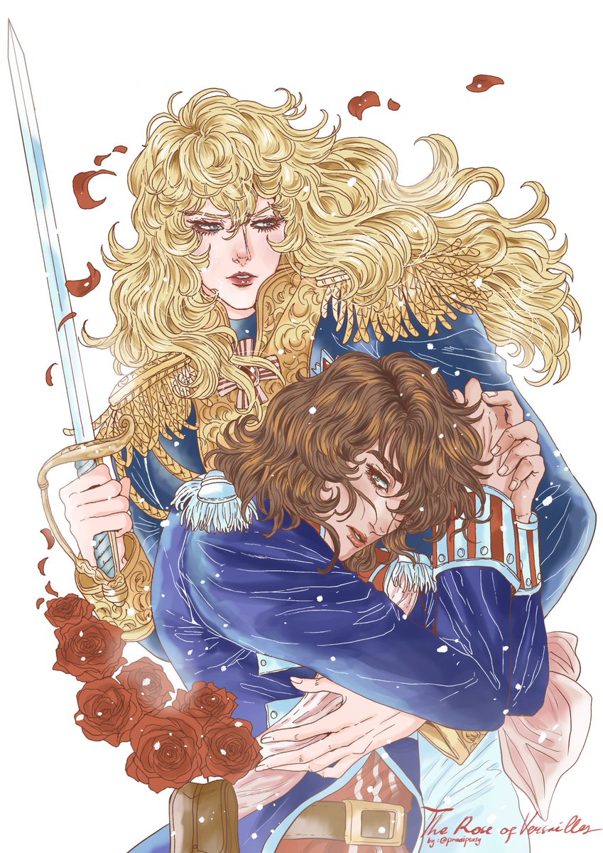 Oscar François de Jarjayes &amp; Andre Grandier. #theroseofversailles fanart by me. It's a depiction of a certain scene from the ending 🥀