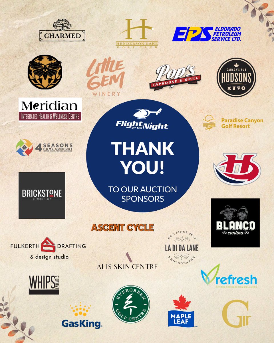 A huge THANK YOU to the incredible businesses that donated to our silent &amp; live auctions at the #FlightUpTheNight Gala! 💛 Your generosity helps HALO save lives across Southern Alberta. 🚁 #HALOAirAmbulance #inflightforyourlife #lethbridge #southernalberta