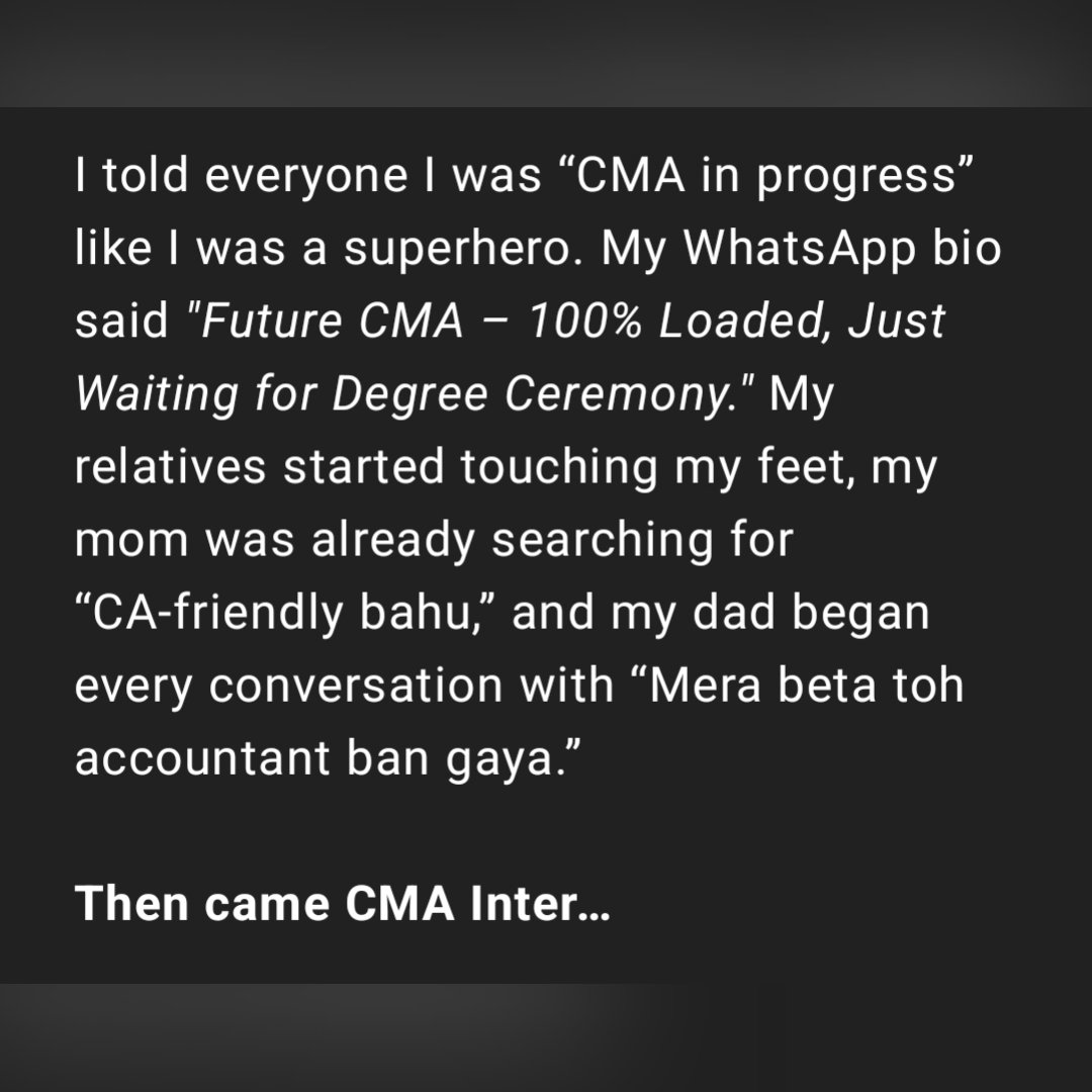 ICAICMA's tweet photo. Just a life experience of a CMA Foundation student entering the CMA INTER and facing the challenges......
#icmai #ICAICMA #icmai_updates #cmaFoundation #cmaInter #cmaFinal https://t.co/DkIEFfXA8w