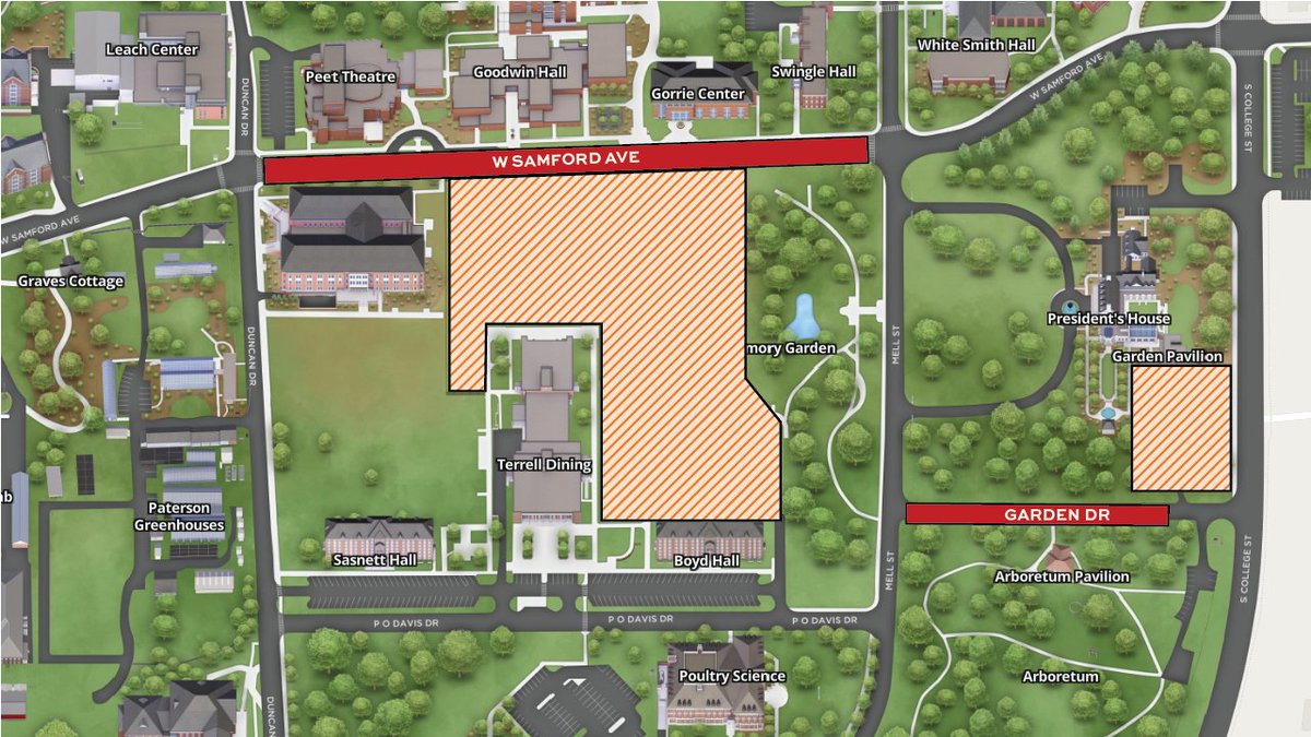 AuburnFM's tweet image. A section of West Samford Avenue will be closed May 13 through July 7, and Garden Drive will be closed from Mell Street to the entry of the Arboretum May 12-16. For more information, see the campus map at auburn.edu/map. @AuburnU