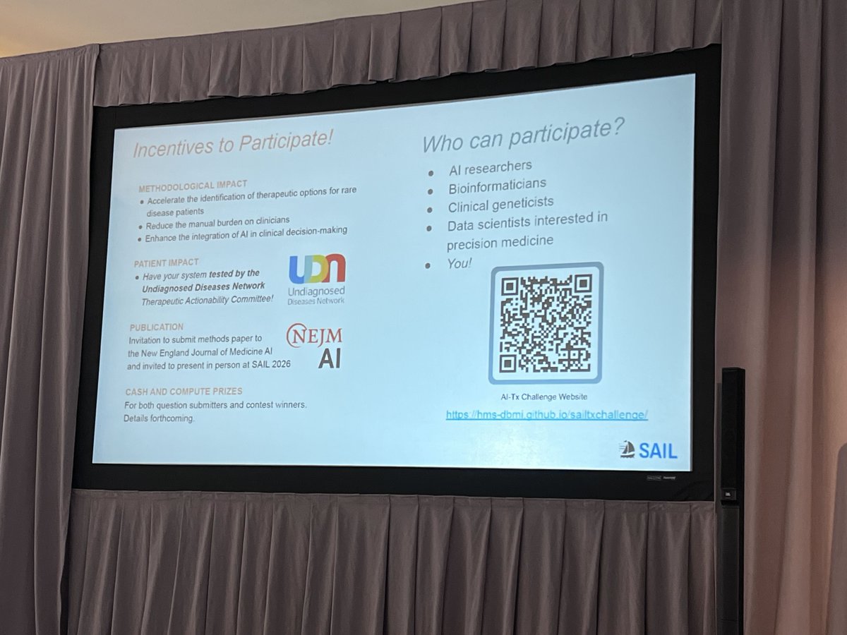 Isaac Kohane (@zakkohane) on Twitter photo AI to treat rare diseases: New contest announced at #SAIL2025 by <a href="/IAmSamFin/">Sam Finlayson</a> <a href="/UWMedicine/">UW Medicine</a> working with <a href="/UDNconnect/">UDN</a> <a href="/harvardmed/">Harvard Medical School</a> for multidisciplinary teams passionate for using ML for clinical impact. More details to appear soon at the link in the reply: AI to treat rare diseases: New contest announced at #SAIL2025 by <a href="/IAmSamFin/">Sam Finlayson</a> <a href="/UWMedicine/">UW Medicine</a> working with <a href="/UDNconnect/">UDN</a> <a href="/harvardmed/">Harvard Medical School</a> for multidisciplinary teams passionate for using ML for clinical impact. More details to appear soon at the link in the reply: