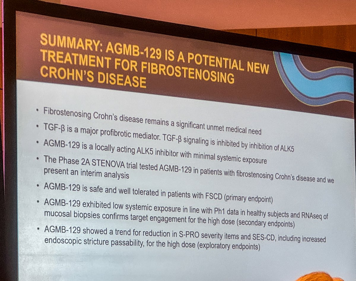 Charlie Lees (@charlie_lees) on Twitter photo Early data on AGMB-129 - a novel treatment for firbrostenosing Crohn’s disease
Very encouraging interim analysis from phase 2a trial
Congratulations <a href="/IBD_FloMD/">Florian Rieder</a> - standout trial from #DDW2025 Early data on AGMB-129 - a novel treatment for firbrostenosing Crohn’s disease
Very encouraging interim analysis from phase 2a trial
Congratulations <a href="/IBD_FloMD/">Florian Rieder</a> - standout trial from #DDW2025