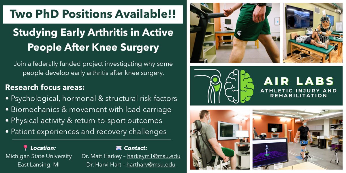 Matthew Harkey (@harkey_ms) on Twitter photo 🚨 Now recruiting 2 PhD students in the <a href="/AIRLabsMSU/">AIR Labs MSU</a> !
Join a funded study investigating early arthritis after knee surgery using:
– 🖥️ Ultrasound imaging
– 🦵 Movement biomechanics
– 🧠 Psychological & hormonal factors
📍: East Lansing, MI
📩: DM or email
📸 Flyer below 👇 🚨 Now recruiting 2 PhD students in the <a href="/AIRLabsMSU/">AIR Labs MSU</a> !
Join a funded study investigating early arthritis after knee surgery using:
– 🖥️ Ultrasound imaging
– 🦵 Movement biomechanics
– 🧠 Psychological & hormonal factors
📍: East Lansing, MI
📩: DM or email
📸 Flyer below 👇