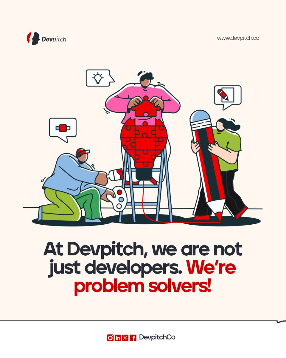 DevpitchCo's tweet image. At Devpitch, coding is just the beginning.
We don’t just build software, we solve real-world problems with innovation, creativity, and purpose.
Because behind every line of code is a solution waiting to happen.

#TechWithPurpose #ProblemSolvers #SoftwareDevelopment #TechSolutions