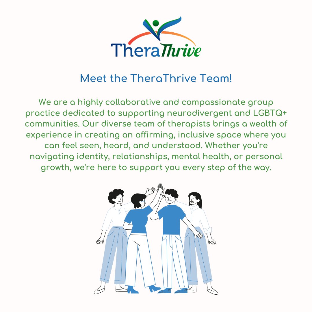 TheraThriveCo's tweet photo. ✨ Meet our team at TheraThrive! We are a collaborative, compassionate, neuroaffirming, and inclusive space where you can feel seen, heard, and understood.  
You don’t have to do it alone—healing happens in community 💙🏳️‍🌈🧠
#NeurodivergentAffirming #LGBTQSupport #YouAreNotAlone https://t.co/5C4CLHBCUs